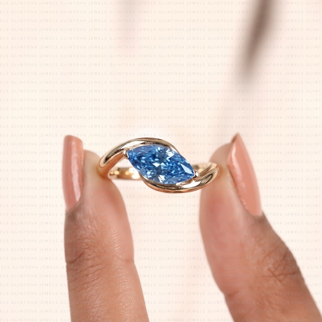Fancy Blue Marquise Cut Lab-Grown Diamond Bypass Engagement Ring in 10K Solid Gold
