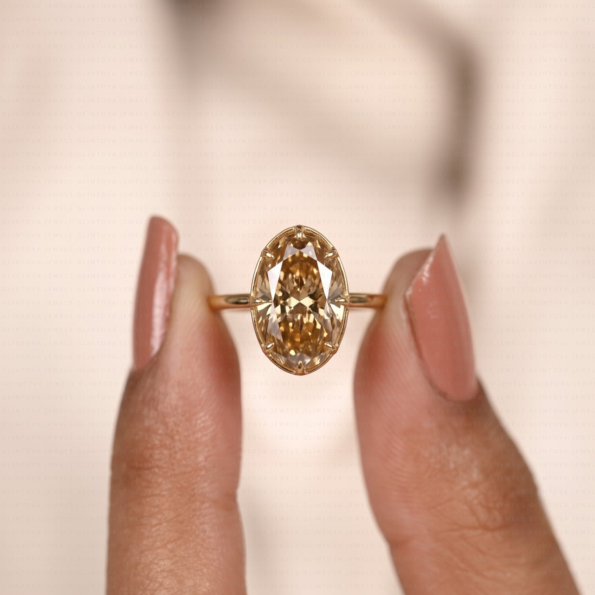 Old Mine Elongated Oval Cut Lab-Grown Diamond Champagne Engagement Ring