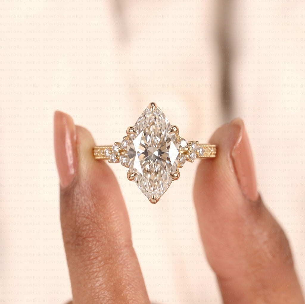 Vintage Marquise Cut Lab Grown Diamond Cluster Engagement Ring in 14K Solid Gold