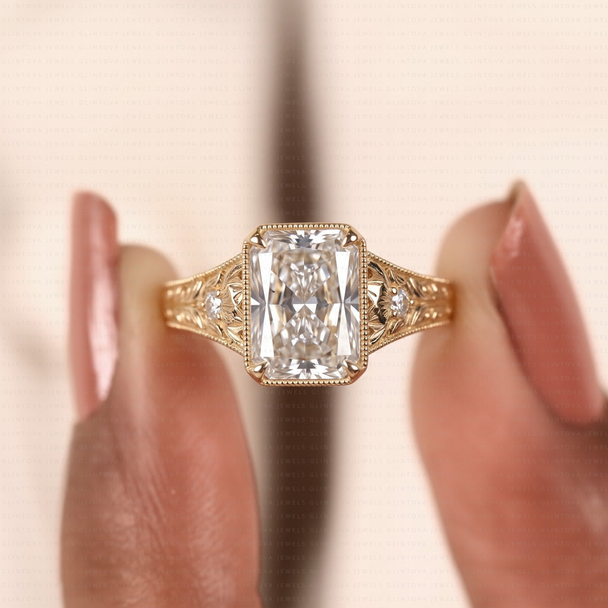 Radiant Cut Engagement Ring, 14K Solid Gold Vintage Floral Engraved Milgrain Ring