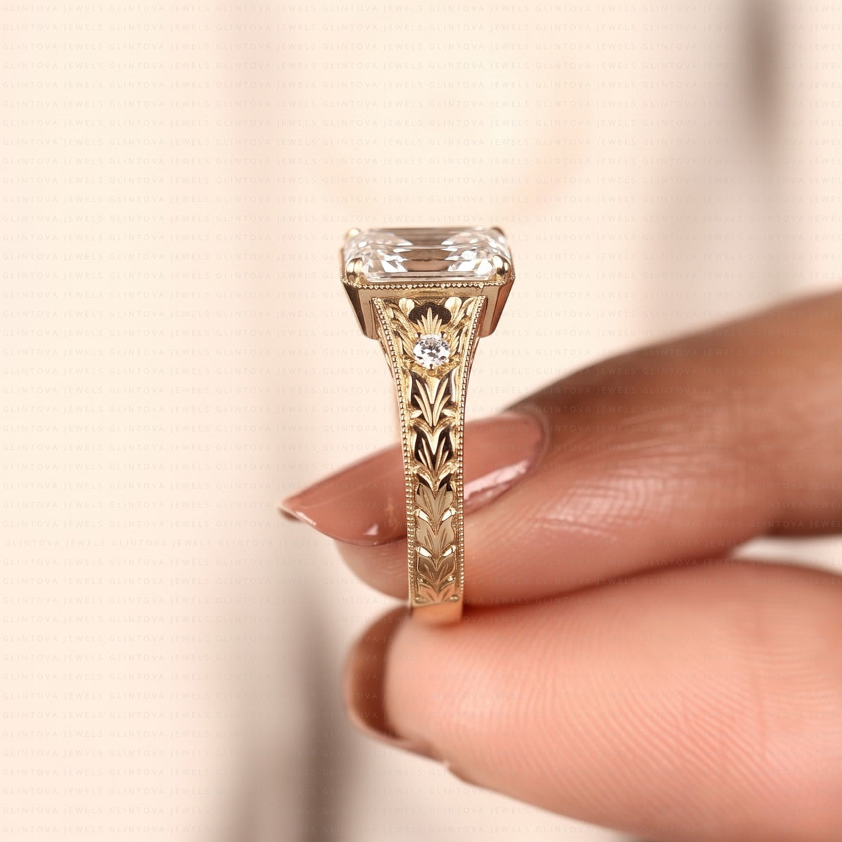 Radiant Cut Engagement Ring, 14K Solid Gold Vintage Floral Engraved Milgrain Ring
