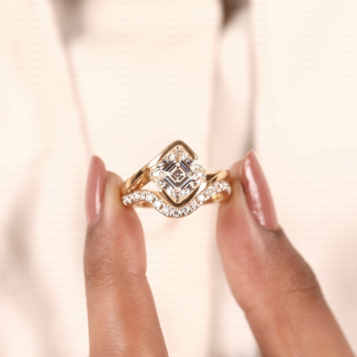 Asscher Cut Lab-Grown Diamond Half Bezel Engagement Ring Set in 14K Solid Gold with Pave Wedding Band