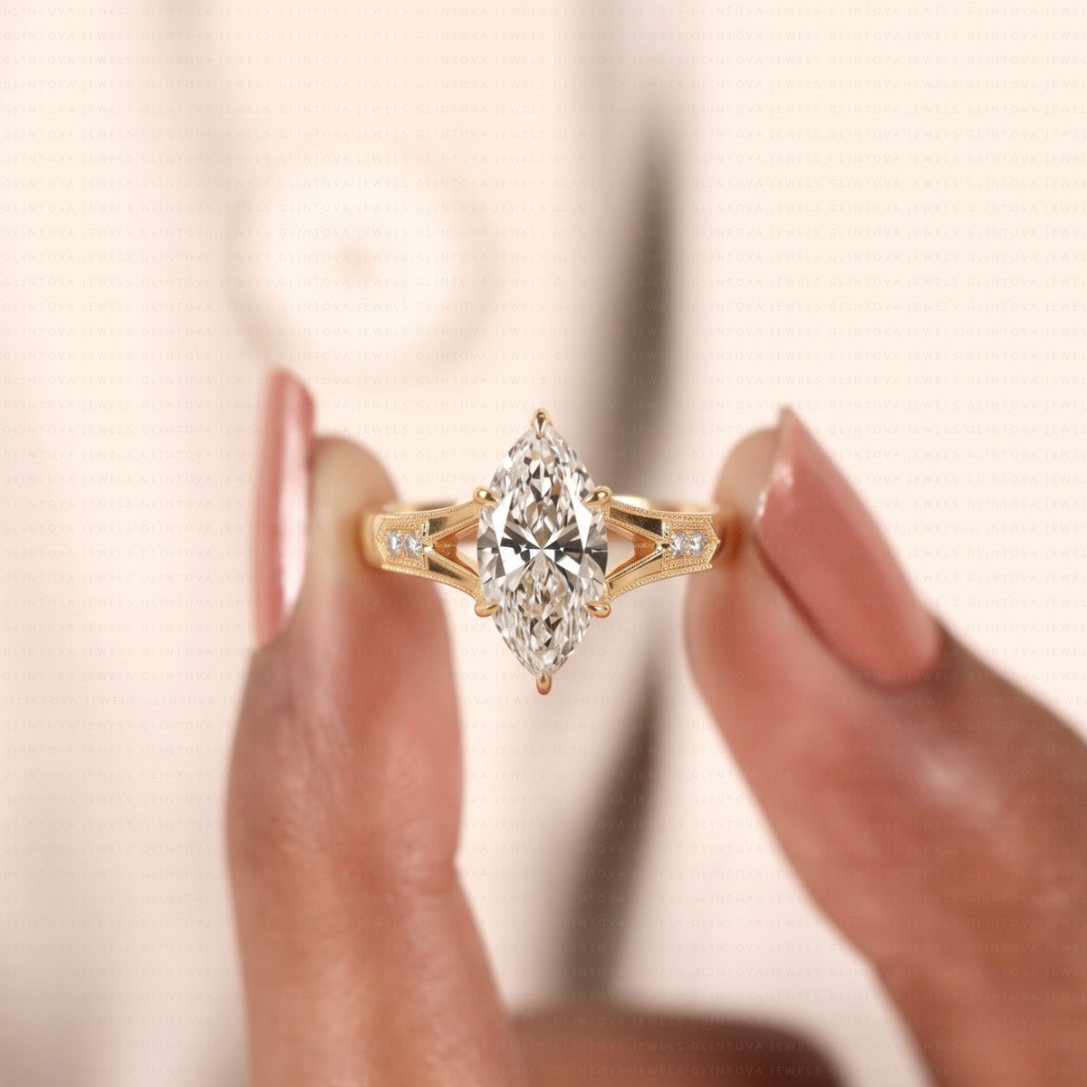 Marquise Cut Lab-Grown Diamond Split Shank Engagement Ring with Round Side Diamonds