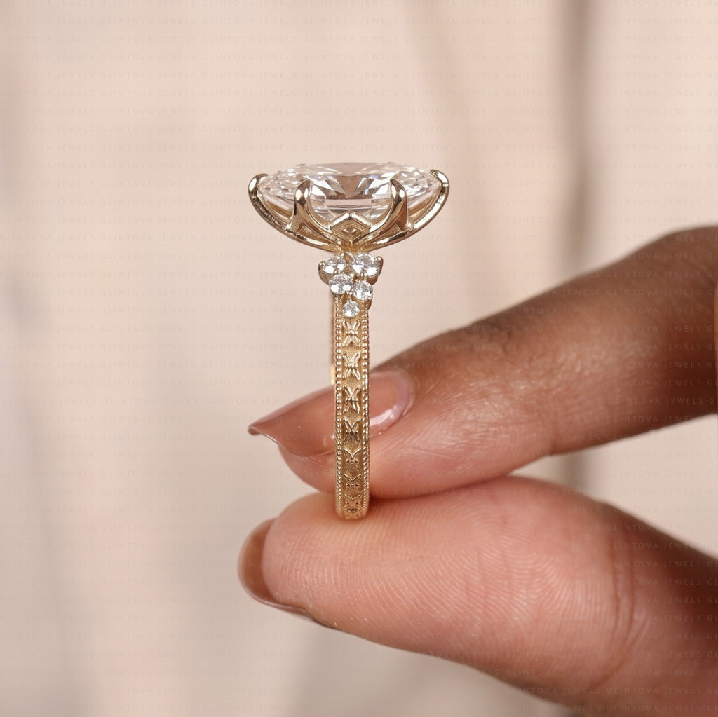 Vintage Marquise Cut Lab Grown Diamond Cluster Engagement Ring in 14K Solid Gold