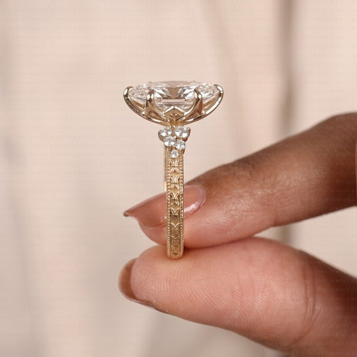 Vintage Marquise Cut Lab Grown Diamond Cluster Engagement Ring in 14K Solid Gold