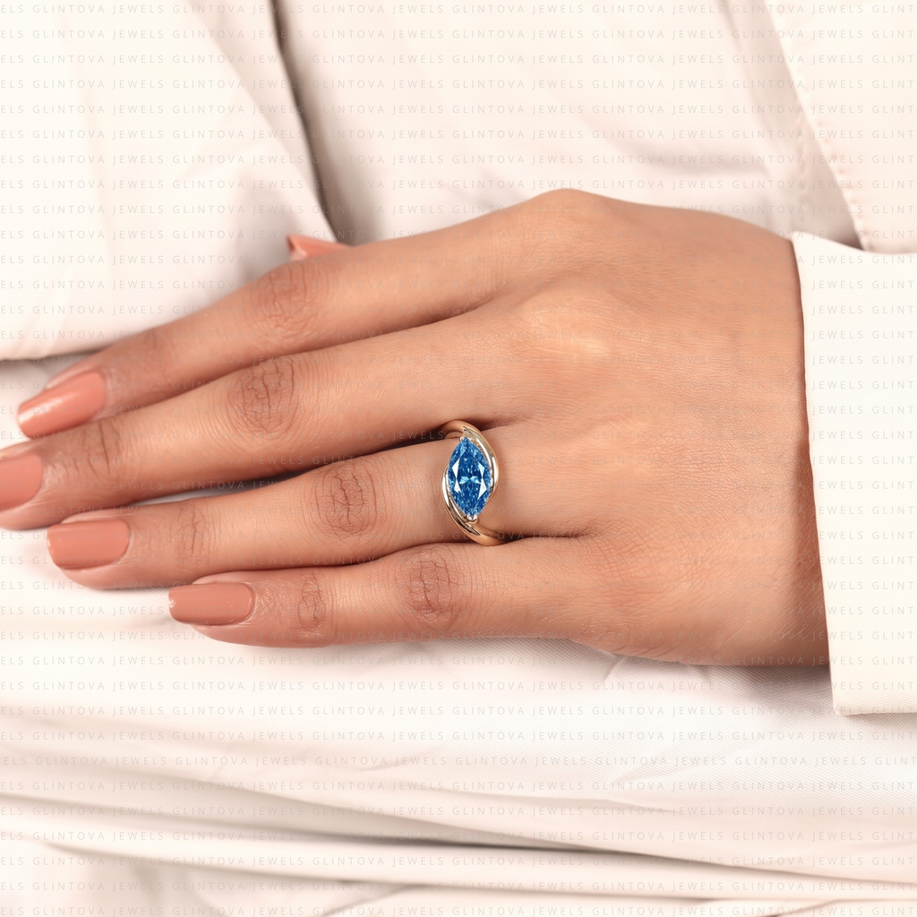 Fancy Blue Marquise Cut Lab-Grown Diamond Bypass Engagement Ring in 10K Solid Gold