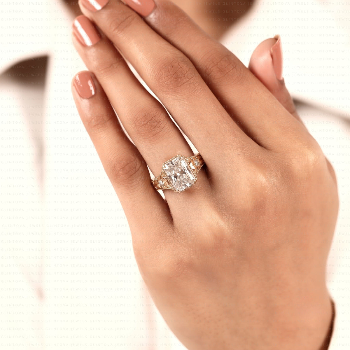 Radiant Cut Engagement Ring, 14K Solid Gold Vintage Floral Engraved Milgrain Ring
