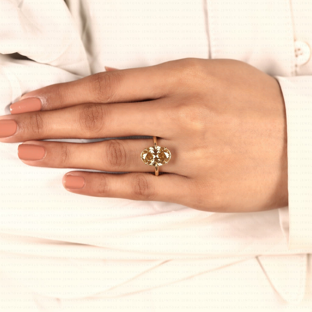 Old Mine Elongated Oval Cut Lab-Grown Diamond Champagne Engagement Ring
