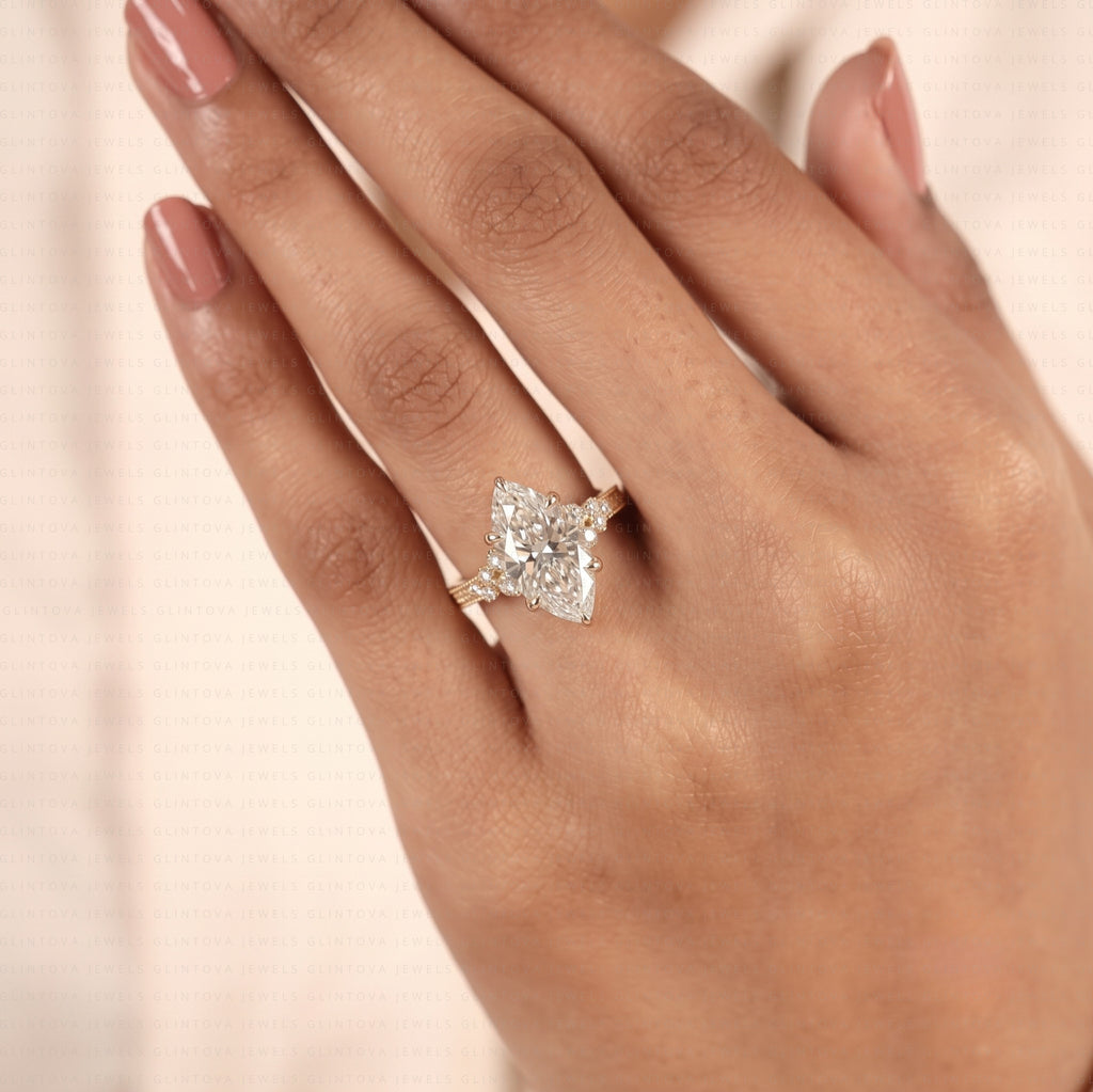 Vintage Marquise Cut Lab Grown Diamond Cluster Engagement Ring in 14K Solid Gold