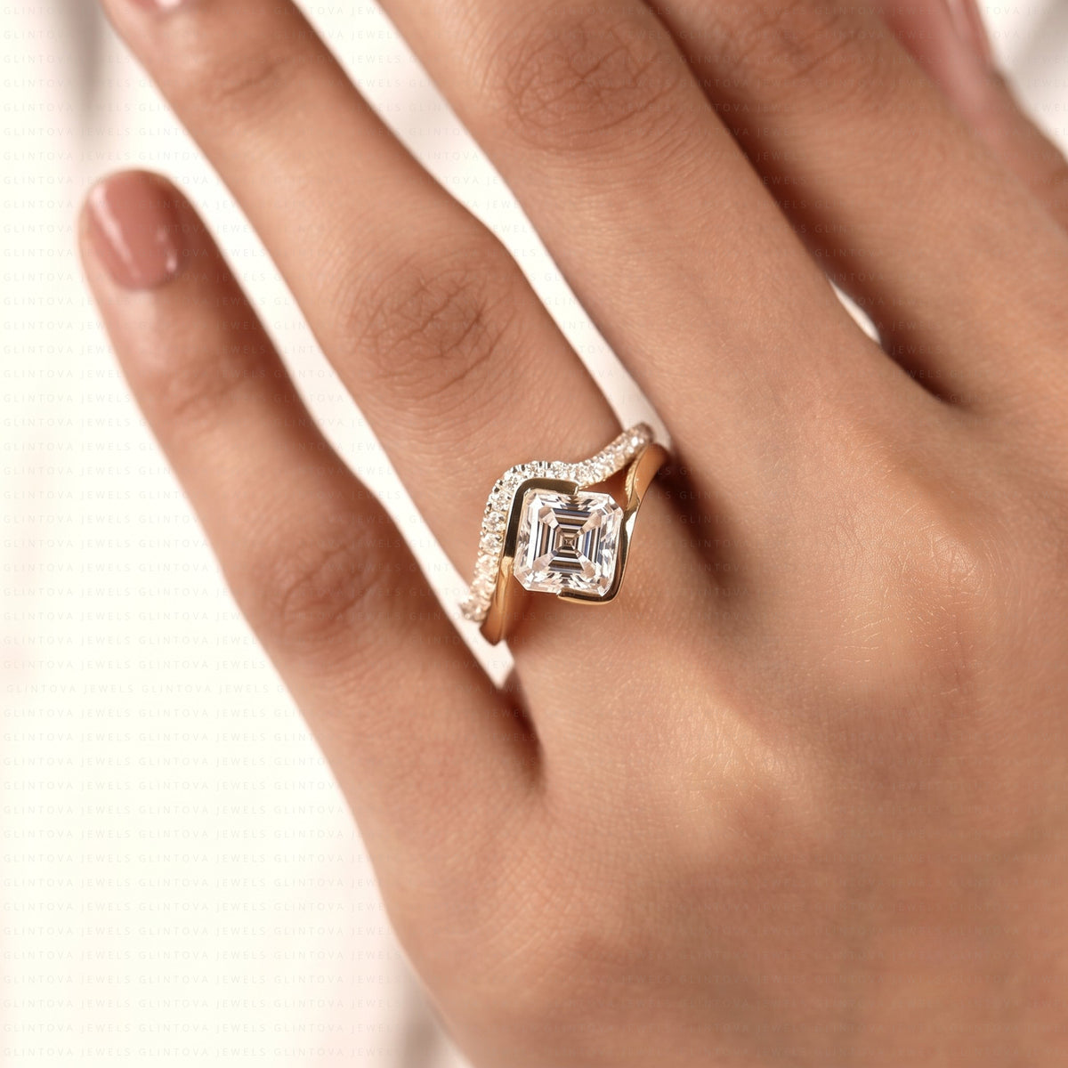 Asscher Cut Lab-Grown Diamond Half Bezel Engagement Ring Set in 14K Solid Gold with Pave Wedding Band