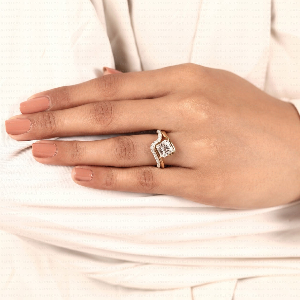 Asscher Cut Lab-Grown Diamond Half Bezel Engagement Ring Set in 14K Solid Gold with Pave Wedding Band
