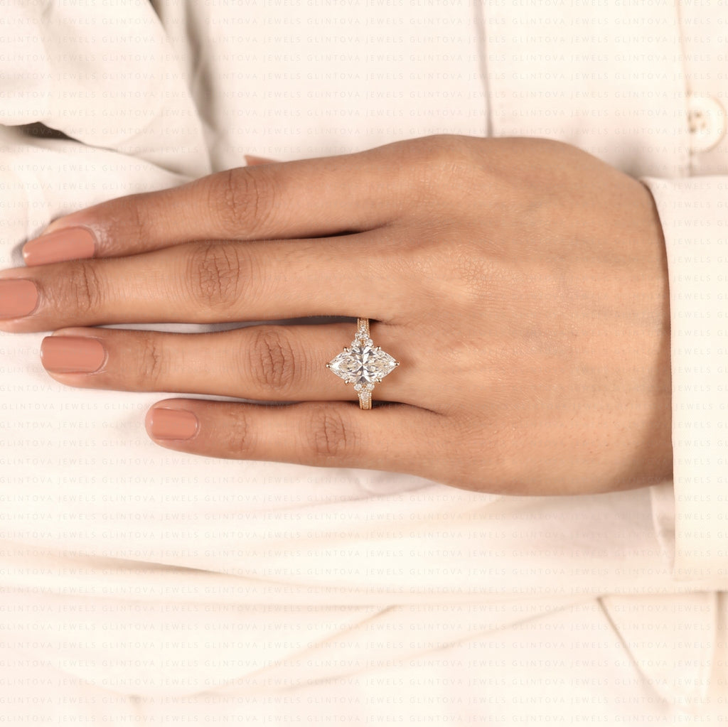 Vintage Marquise Cut Lab Grown Diamond Cluster Engagement Ring in 14K Solid Gold