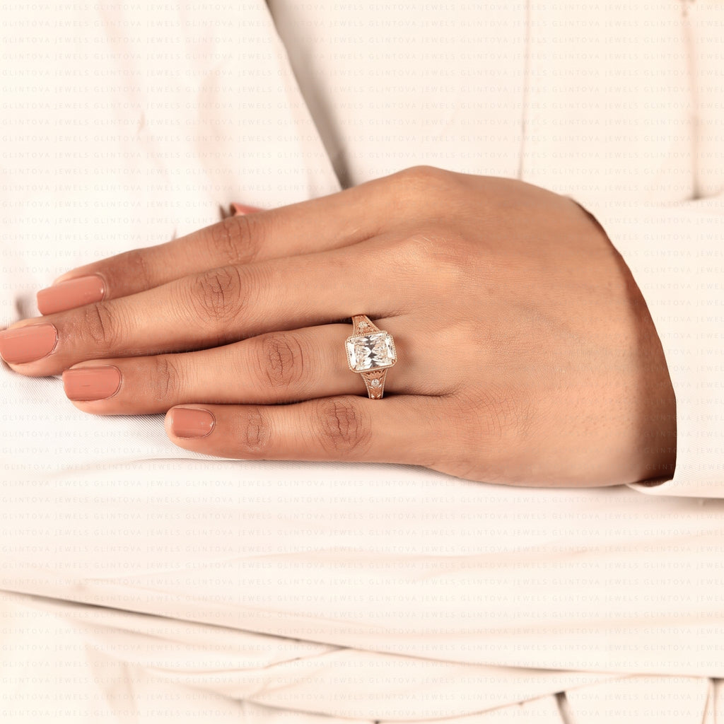 Radiant Cut Engagement Ring, 14K Solid Gold Vintage Floral Engraved Milgrain Ring
