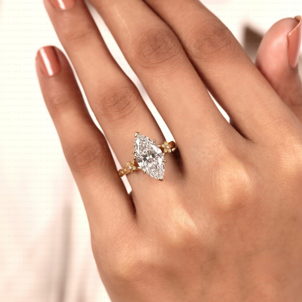 Marquise Cut Lab-Grown Diamond Engagement Ring with Tulip Setting in 14K Solid Gold