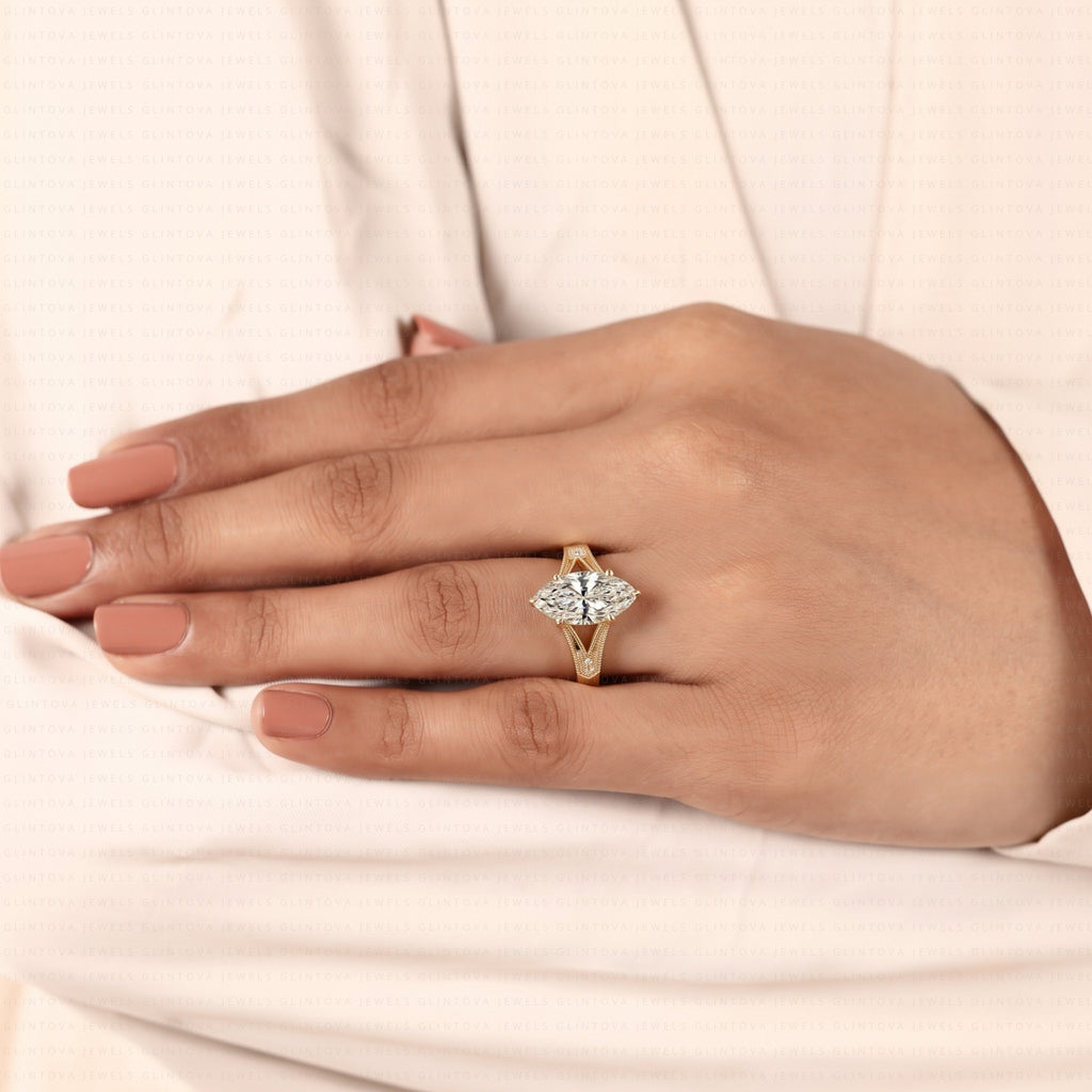 Marquise Cut Lab-Grown Diamond Split Shank Engagement Ring with Round Side Diamonds