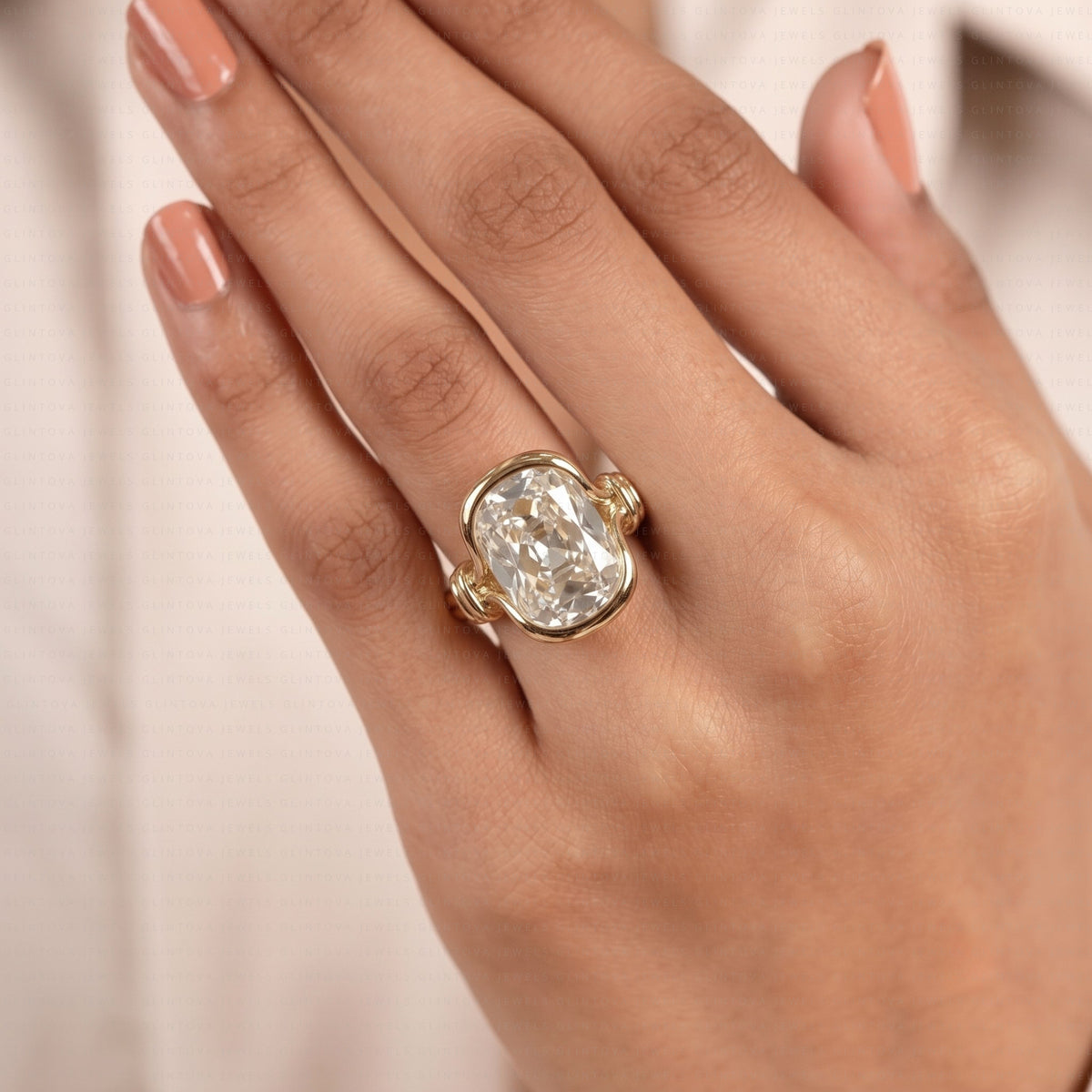Old Mine Elongated Cushion Cut Lab Grown Diamond Engagement Ring in 14K Solid Gold