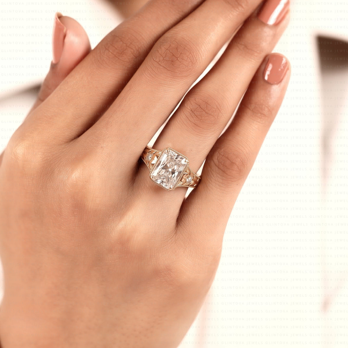 Radiant Cut Engagement Ring, 14K Solid Gold Vintage Floral Engraved Milgrain Ring