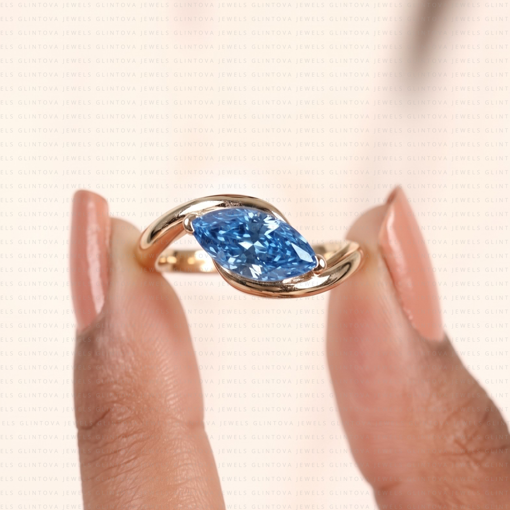 Fancy Blue Marquise Cut Lab-Grown Diamond Bypass Engagement Ring in 10K Solid Gold