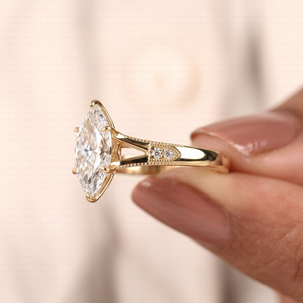 Marquise Cut Lab-Grown Diamond Split Shank Engagement Ring with Round Side Diamonds