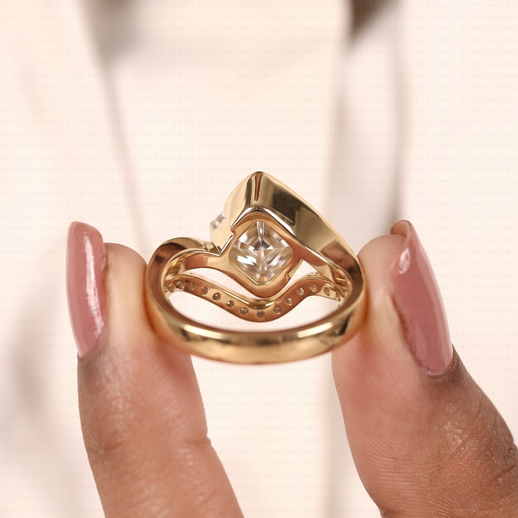 Asscher Cut Lab-Grown Diamond Half Bezel Engagement Ring Set in 14K Solid Gold with Pave Wedding Band
