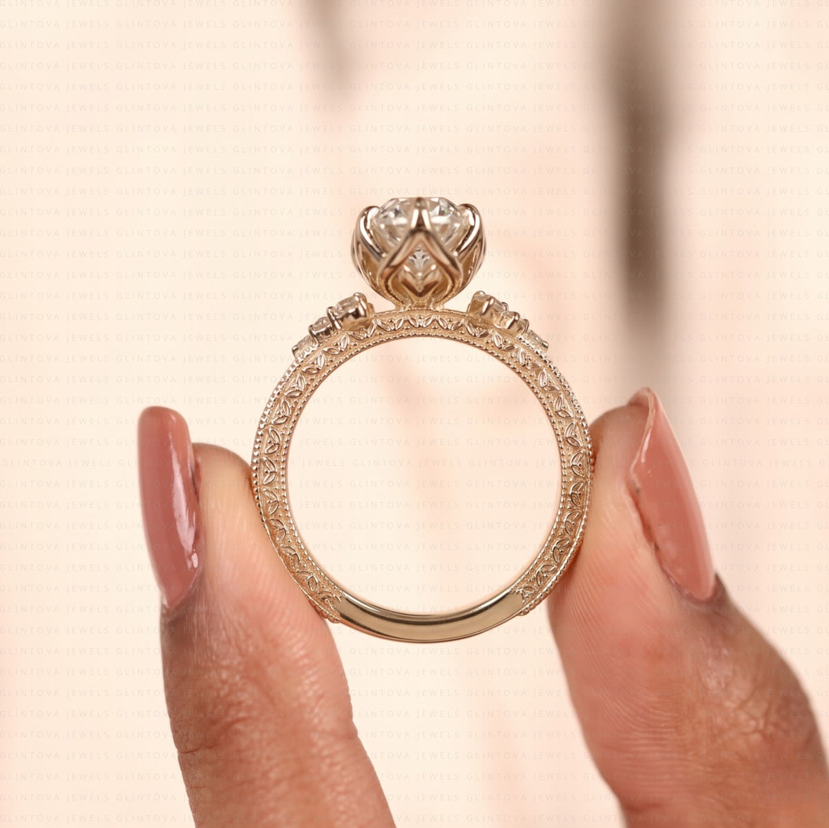 Vintage Marquise Cut Lab Grown Diamond Cluster Engagement Ring in 14K Solid Gold