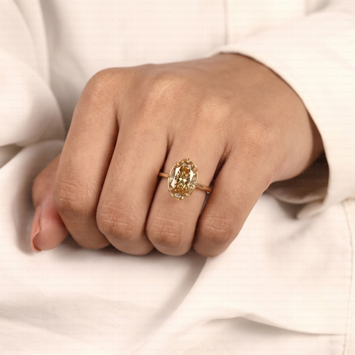 Old Mine Elongated Oval Cut Lab-Grown Diamond Champagne Engagement Ring