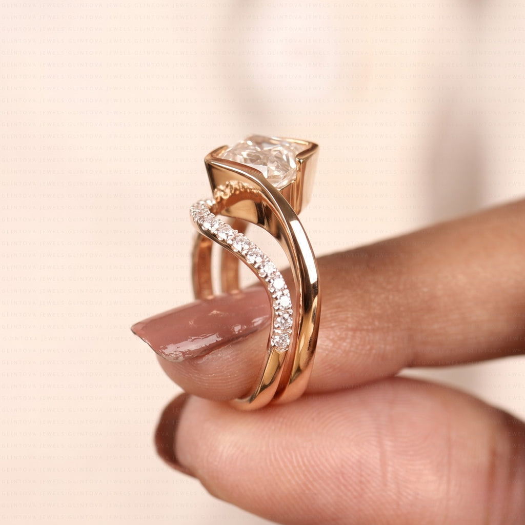 Asscher Cut Lab-Grown Diamond Half Bezel Engagement Ring Set in 14K Solid Gold with Pave Wedding Band