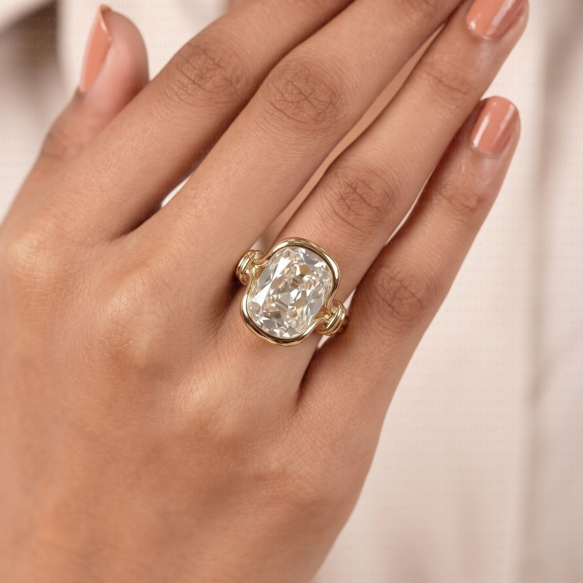 Old Mine Elongated Cushion Cut Lab Grown Diamond Engagement Ring in 14K Solid Gold