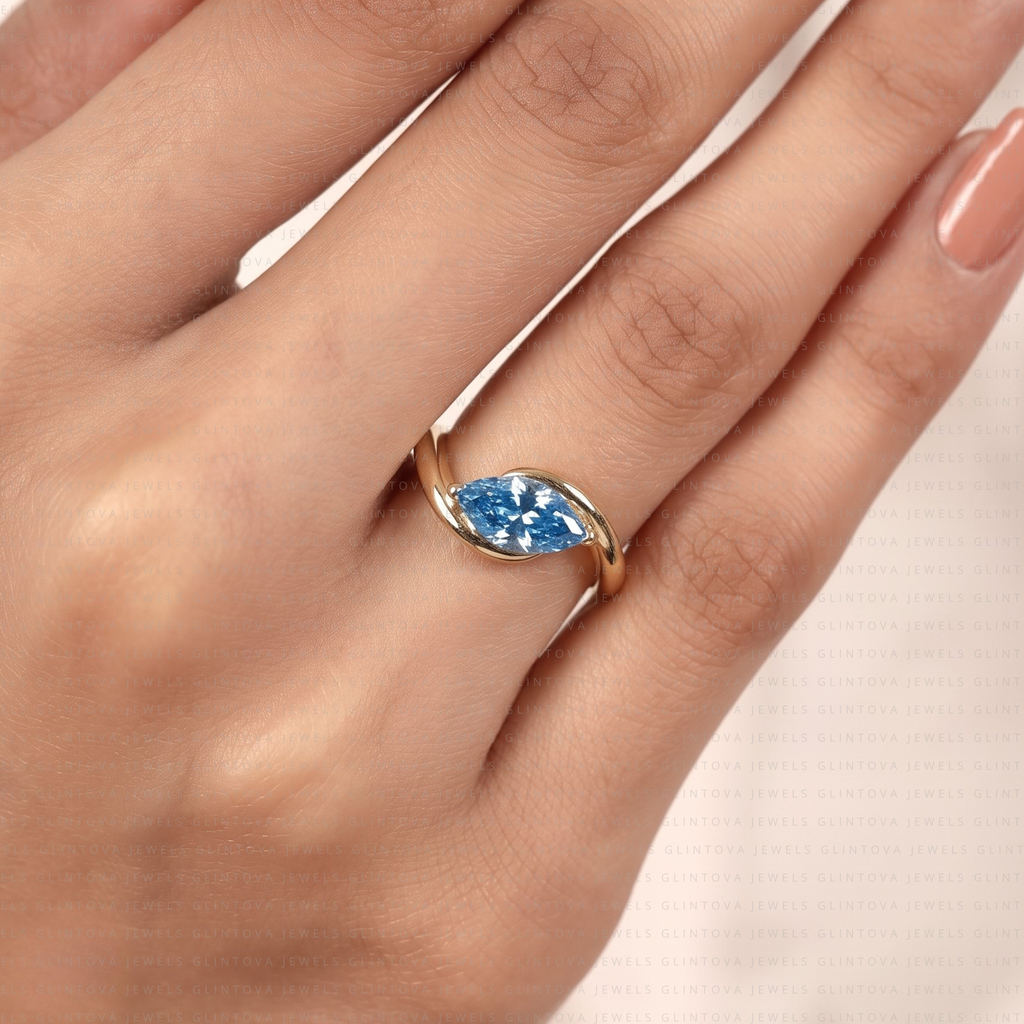 Fancy Blue Marquise Cut Lab-Grown Diamond Bypass Engagement Ring in 10K Solid Gold