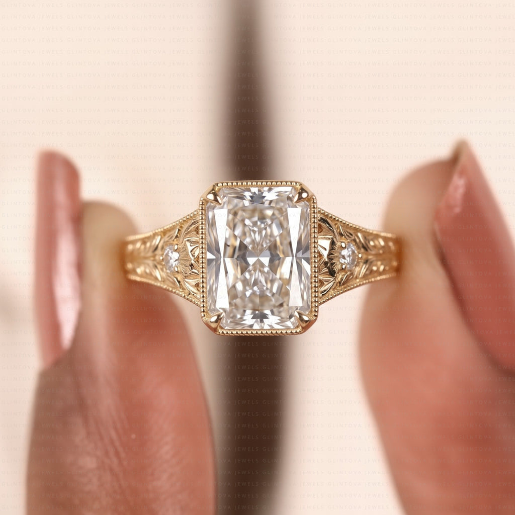 Radiant Cut Engagement Ring, 14K Solid Gold Vintage Floral Engraved Milgrain Ring