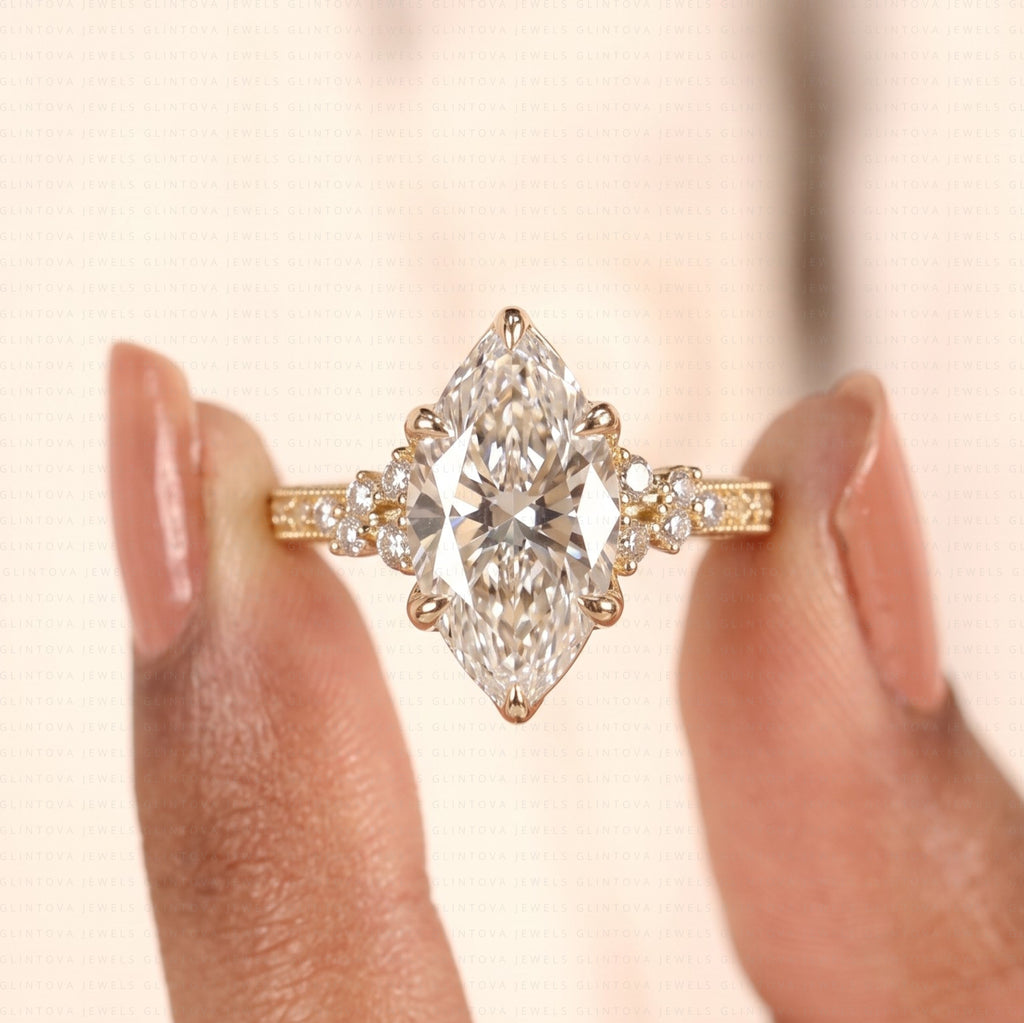 Vintage Marquise Cut Lab Grown Diamond Cluster Engagement Ring in 14K Solid Gold