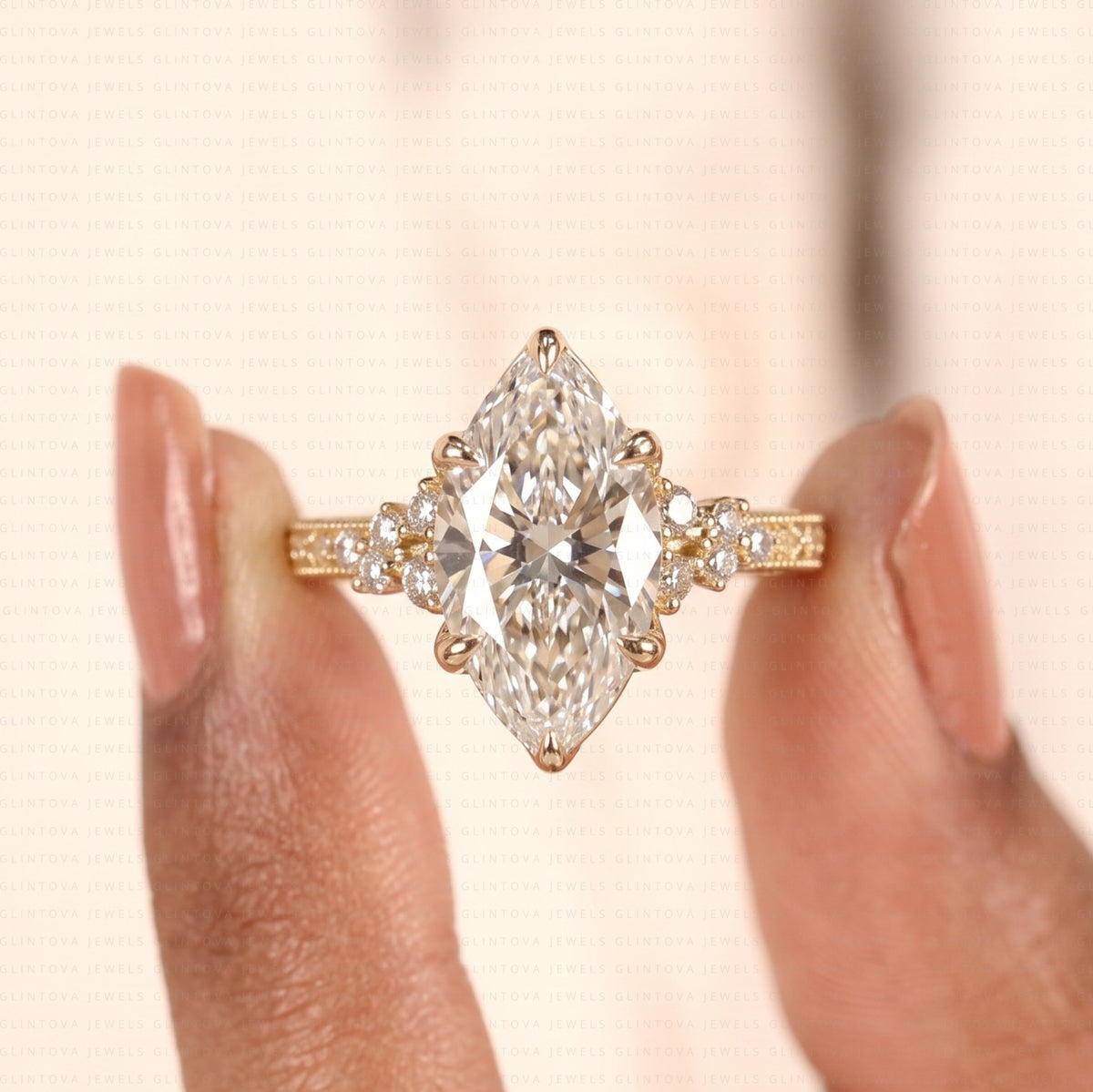 Vintage Marquise Cut Lab Grown Diamond Cluster Engagement Ring in 14K Solid Gold
