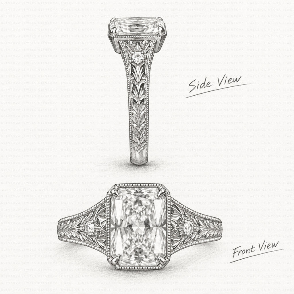 Radiant Cut Engagement Ring, 14K Solid Gold Vintage Floral Engraved Milgrain Ring