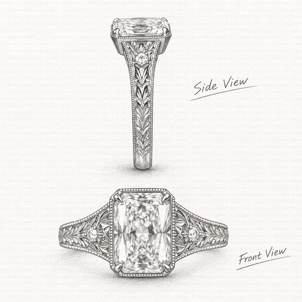 Radiant Cut Engagement Ring, 14K Solid Gold Vintage Floral Engraved Milgrain Ring