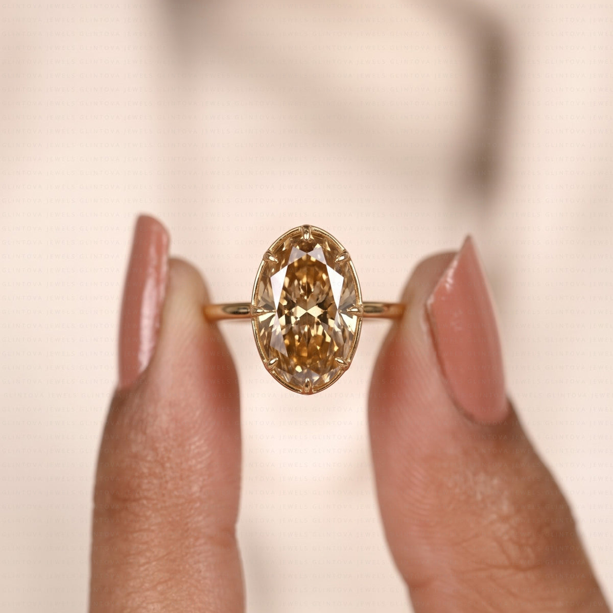 Old Mine Elongated Oval Cut Lab-Grown Diamond Champagne Engagement Ring