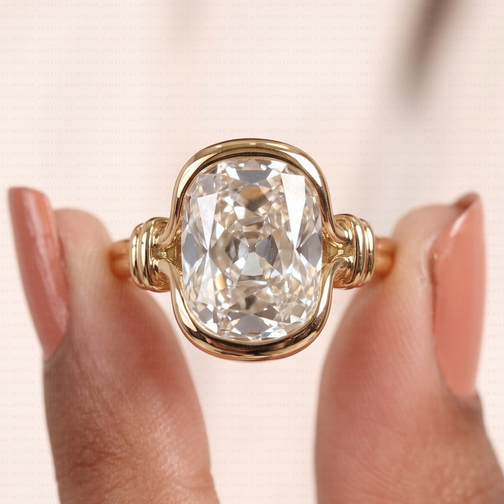 Old Mine Elongated Cushion Cut Lab Grown Diamond Engagement Ring in 14K Solid Gold