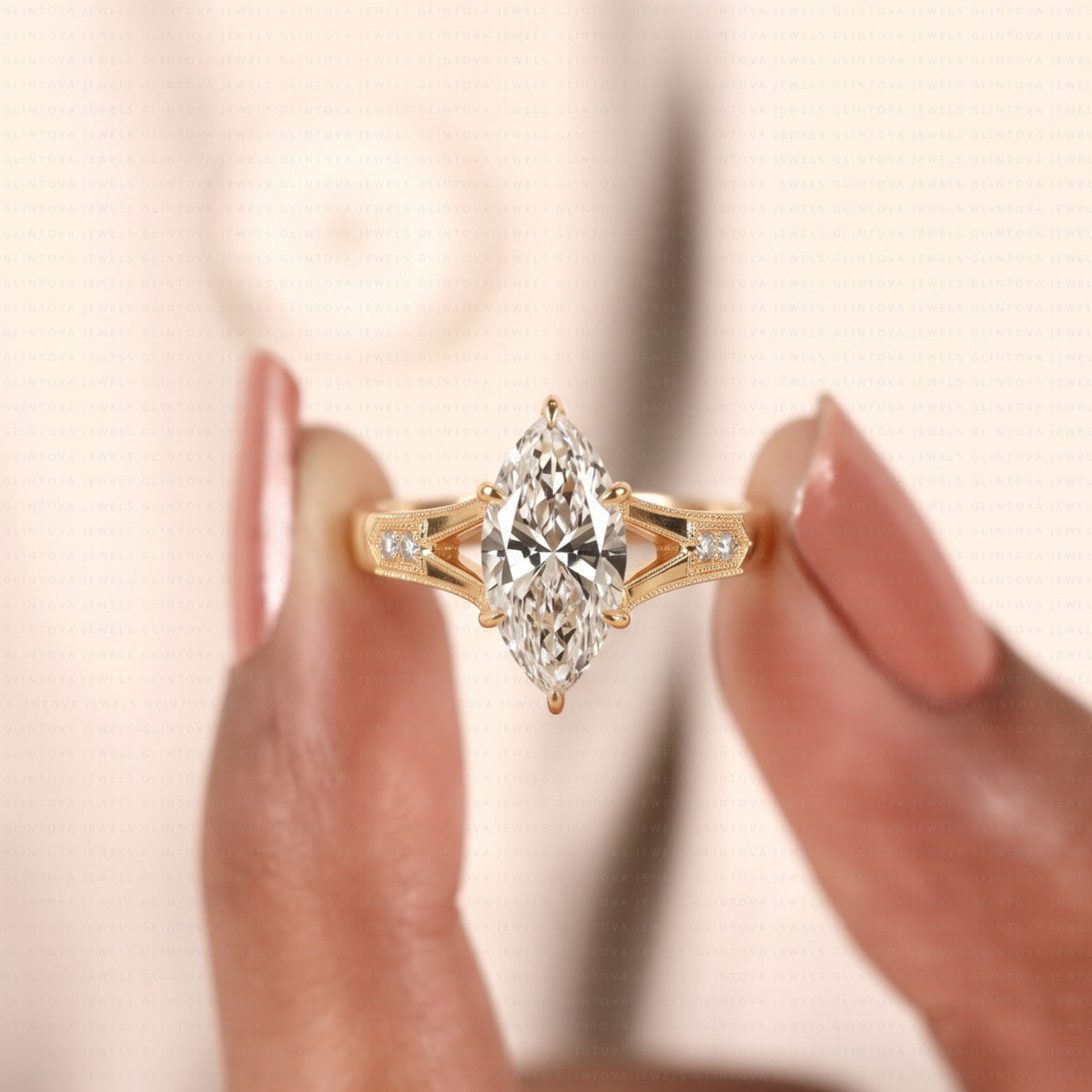 Marquise Cut Lab-Grown Diamond Split Shank Engagement Ring with Round Side Diamonds
