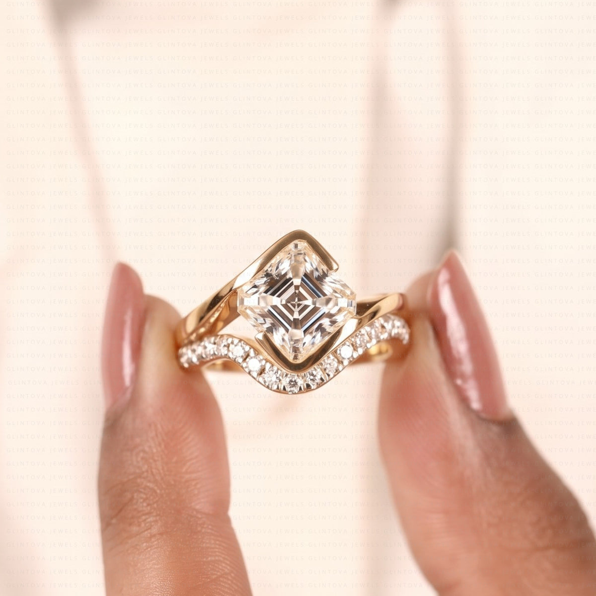 Asscher Cut Lab-Grown Diamond Half Bezel Engagement Ring Set in 14K Solid Gold with Pave Wedding Band