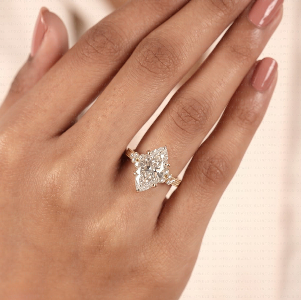Vintage Marquise Cut Lab Grown Diamond Cluster Engagement Ring in 14K Solid Gold