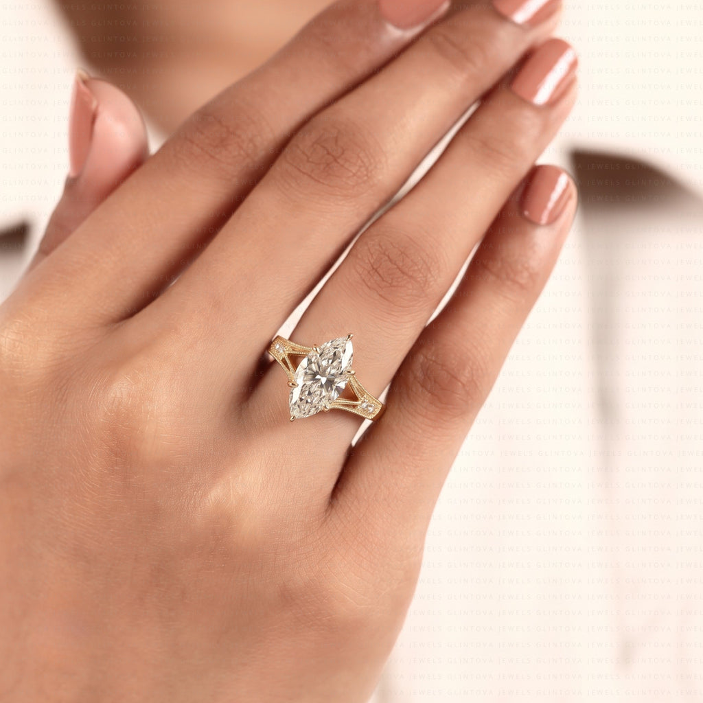 Marquise Cut Lab-Grown Diamond Split Shank Engagement Ring with Round Side Diamonds