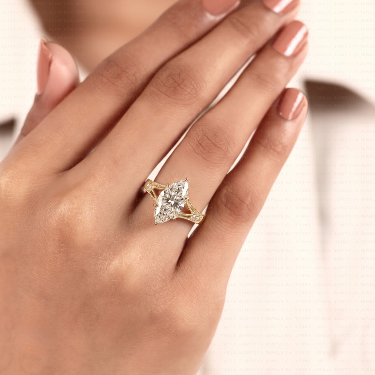 Marquise Cut Lab-Grown Diamond Split Shank Engagement Ring with Round Side Diamonds