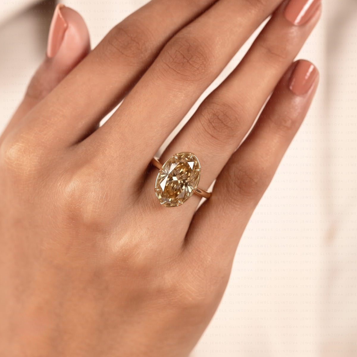 Old Mine Elongated Oval Cut Lab-Grown Diamond Champagne Engagement Ring