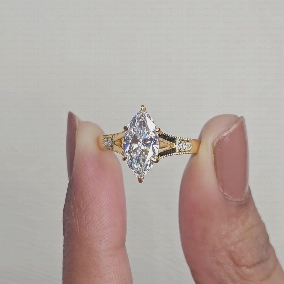Marquise Cut Lab-Grown Diamond Split Shank Engagement Ring with Round Side Diamonds