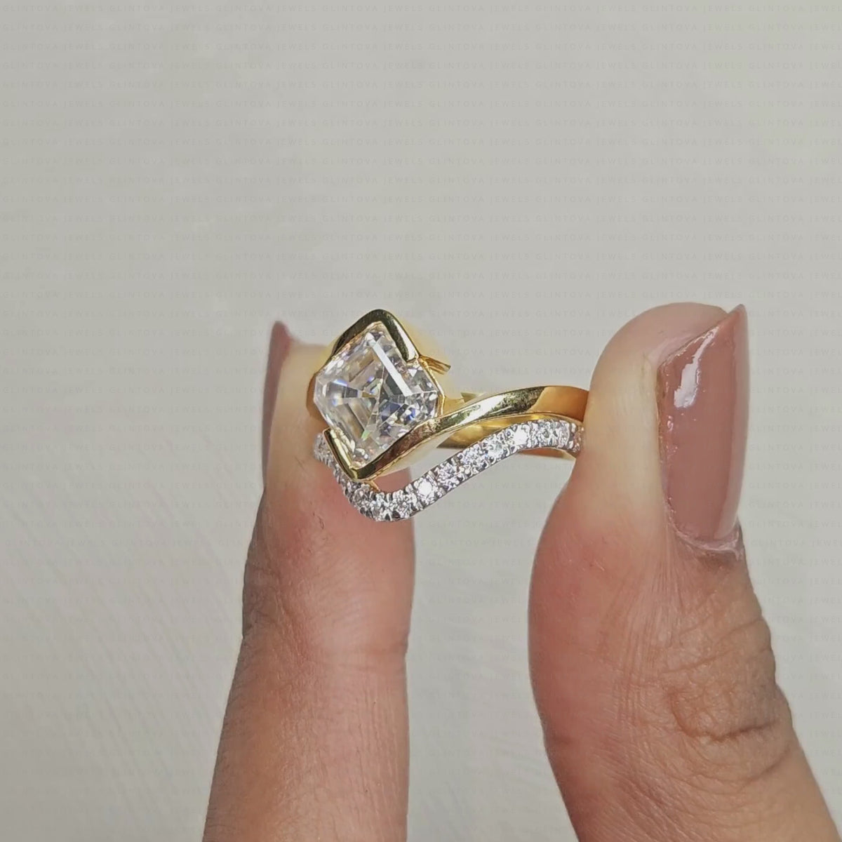 Asscher Cut Lab-Grown Diamond Half Bezel Engagement Ring Set in 14K Solid Gold with Pave Wedding Band
